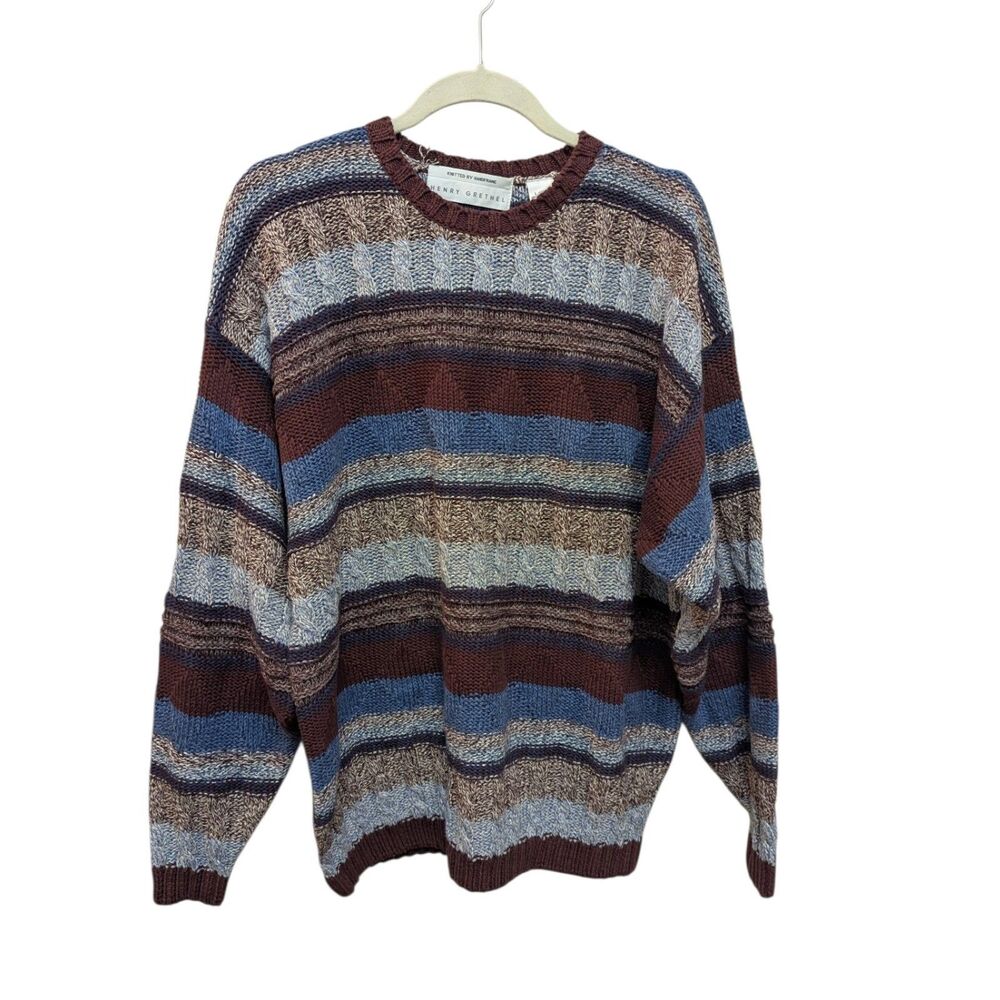NEW Henry Grethel Striped Blue Burgundy Men’s Large Sweater Handframe Knit Fall